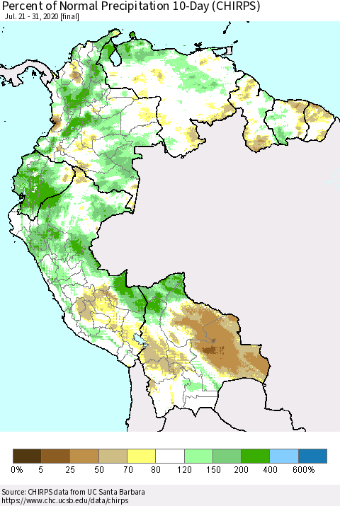 Northern South America Percent of Normal Precipitation 10-Day (CHIRPS) Thematic Map For 7/21/2020 - 7/31/2020