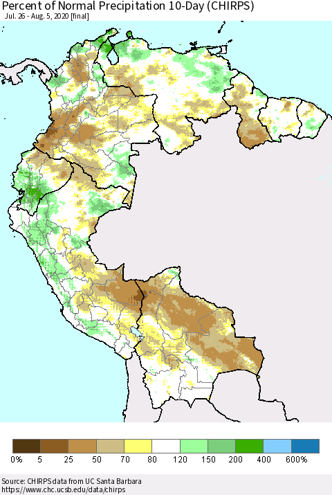 Northern South America Percent of Normal Precipitation 10-Day (CHIRPS) Thematic Map For 7/26/2020 - 8/5/2020