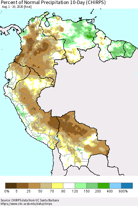 Northern South America Percent of Normal Precipitation 10-Day (CHIRPS) Thematic Map For 8/1/2020 - 8/10/2020