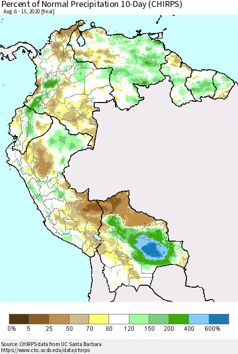 Northern South America Percent of Normal Precipitation 10-Day (CHIRPS) Thematic Map For 8/6/2020 - 8/15/2020
