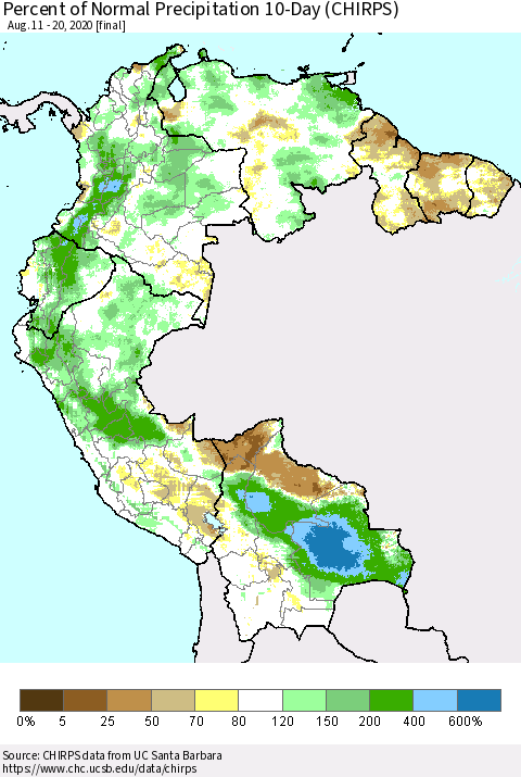 Northern South America Percent of Normal Precipitation 10-Day (CHIRPS) Thematic Map For 8/11/2020 - 8/20/2020