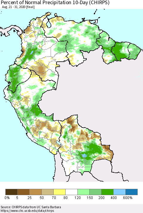 Northern South America Percent of Normal Precipitation 10-Day (CHIRPS) Thematic Map For 8/21/2020 - 8/31/2020