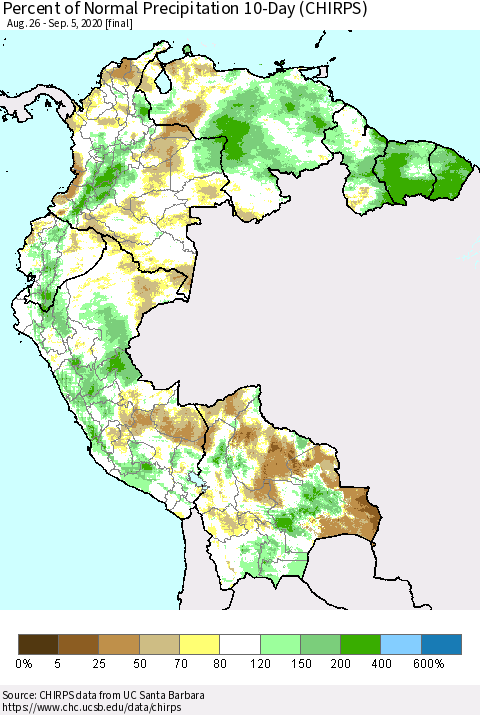 Northern South America Percent of Normal Precipitation 10-Day (CHIRPS) Thematic Map For 8/26/2020 - 9/5/2020