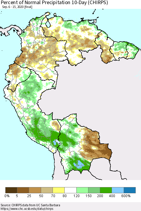 Northern South America Percent of Normal Precipitation 10-Day (CHIRPS) Thematic Map For 9/6/2020 - 9/15/2020