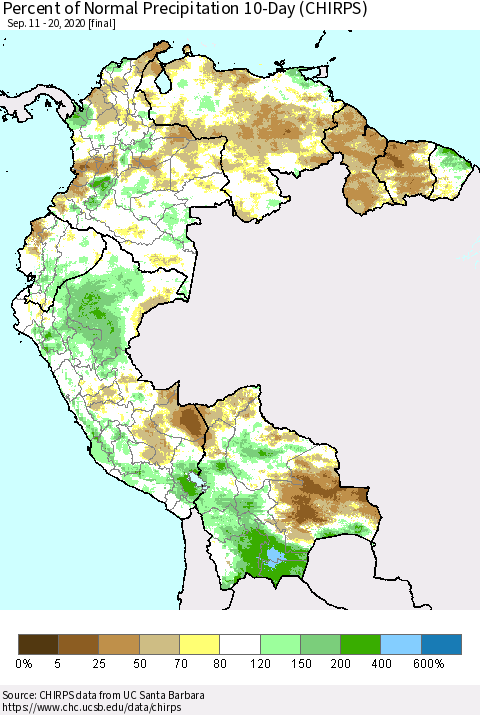 Northern South America Percent of Normal Precipitation 10-Day (CHIRPS) Thematic Map For 9/11/2020 - 9/20/2020