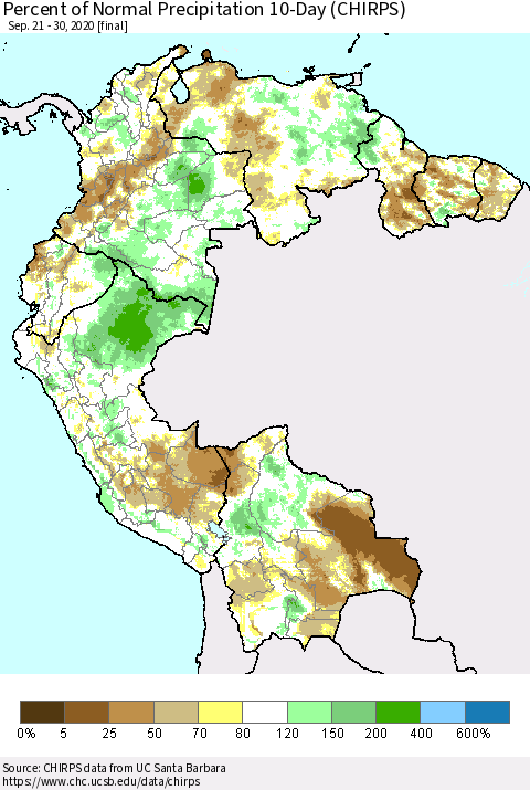 Northern South America Percent of Normal Precipitation 10-Day (CHIRPS) Thematic Map For 9/21/2020 - 9/30/2020