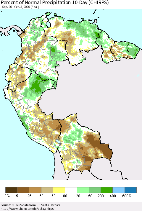 Northern South America Percent of Normal Precipitation 10-Day (CHIRPS) Thematic Map For 9/26/2020 - 10/5/2020