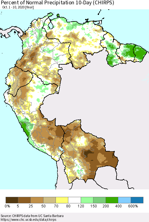 Northern South America Percent of Normal Precipitation 10-Day (CHIRPS) Thematic Map For 10/1/2020 - 10/10/2020