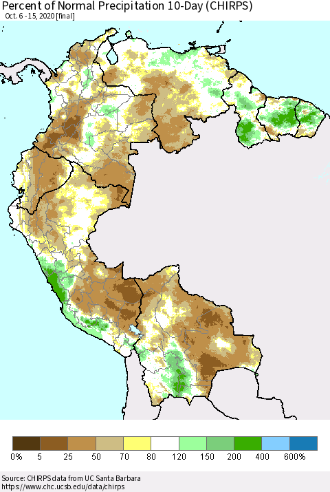 Northern South America Percent of Normal Precipitation 10-Day (CHIRPS) Thematic Map For 10/6/2020 - 10/15/2020