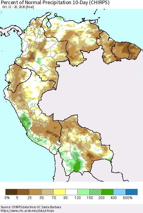 Northern South America Percent of Normal Precipitation 10-Day (CHIRPS) Thematic Map For 10/11/2020 - 10/20/2020
