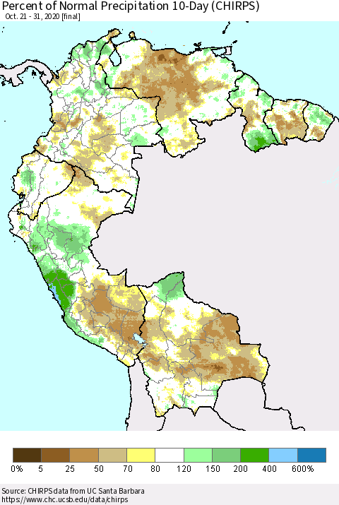 Northern South America Percent of Normal Precipitation 10-Day (CHIRPS) Thematic Map For 10/21/2020 - 10/31/2020