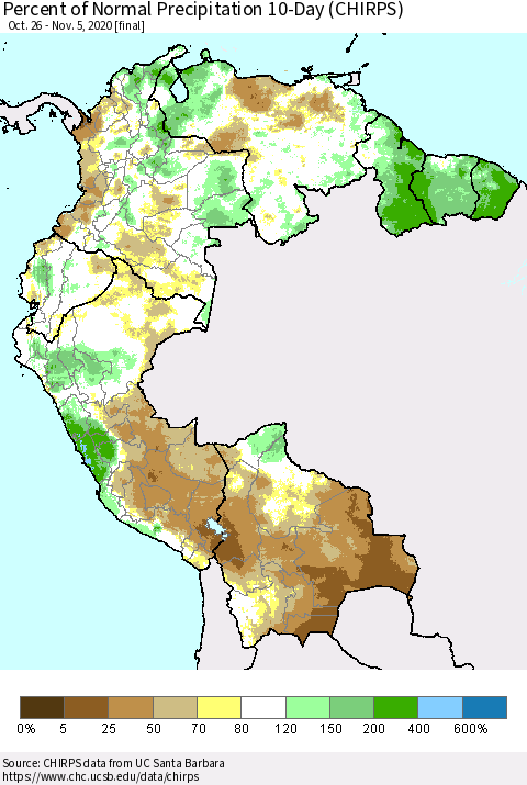 Northern South America Percent of Normal Precipitation 10-Day (CHIRPS) Thematic Map For 10/26/2020 - 11/5/2020