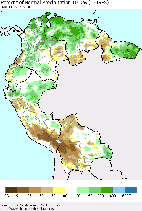 Northern South America Percent of Normal Precipitation 10-Day (CHIRPS) Thematic Map For 11/11/2020 - 11/20/2020