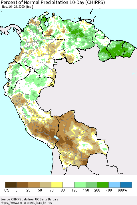 Northern South America Percent of Normal Precipitation 10-Day (CHIRPS) Thematic Map For 11/16/2020 - 11/25/2020