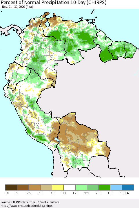 Northern South America Percent of Normal Precipitation 10-Day (CHIRPS) Thematic Map For 11/21/2020 - 11/30/2020