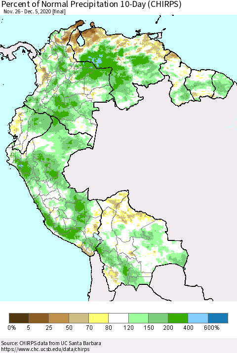 Northern South America Percent of Normal Precipitation 10-Day (CHIRPS) Thematic Map For 11/26/2020 - 12/5/2020