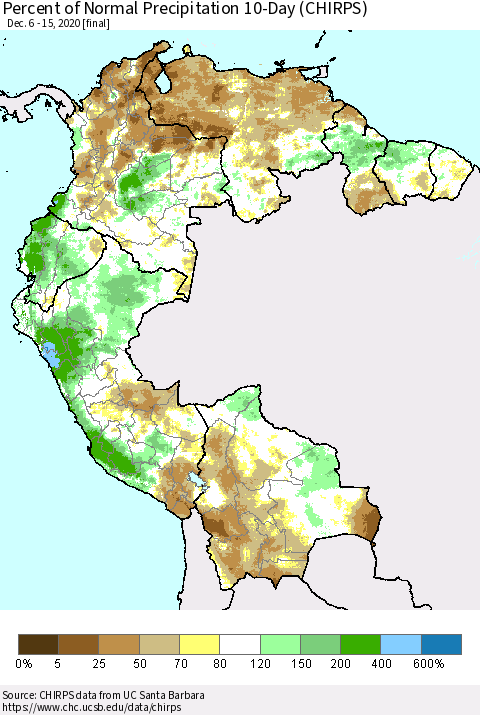 Northern South America Percent of Normal Precipitation 10-Day (CHIRPS) Thematic Map For 12/6/2020 - 12/15/2020