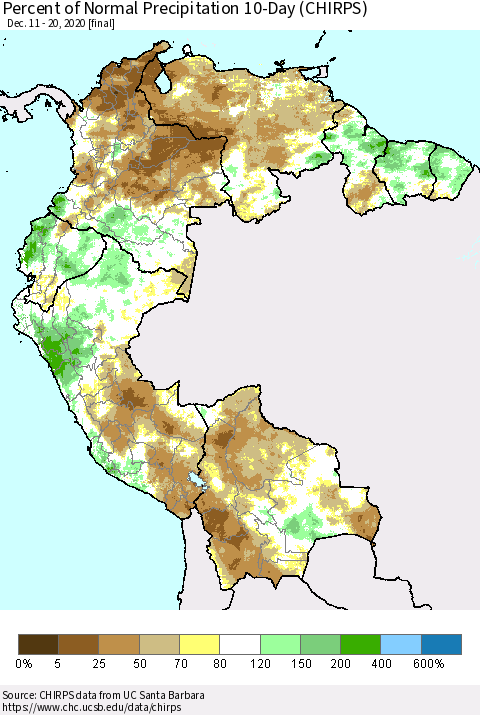 Northern South America Percent of Normal Precipitation 10-Day (CHIRPS) Thematic Map For 12/11/2020 - 12/20/2020