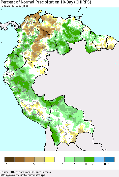 Northern South America Percent of Normal Precipitation 10-Day (CHIRPS) Thematic Map For 12/21/2020 - 12/31/2020