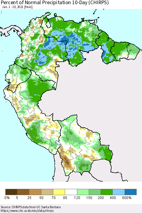 Northern South America Percent of Normal Precipitation 10-Day (CHIRPS) Thematic Map For 1/1/2021 - 1/10/2021