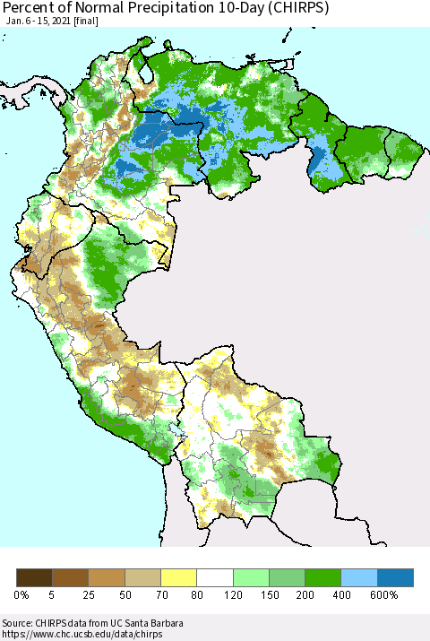 Northern South America Percent of Normal Precipitation 10-Day (CHIRPS) Thematic Map For 1/6/2021 - 1/15/2021