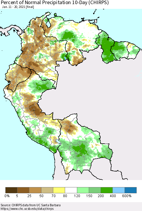 Northern South America Percent of Normal Precipitation 10-Day (CHIRPS) Thematic Map For 1/11/2021 - 1/20/2021