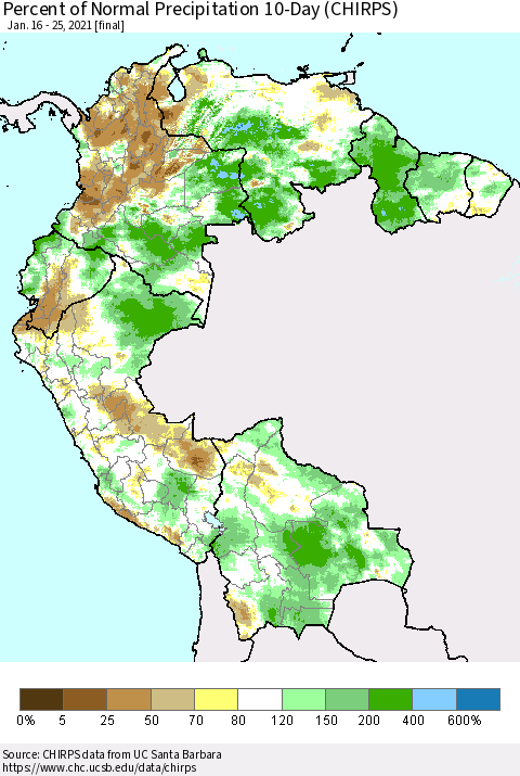 Northern South America Percent of Normal Precipitation 10-Day (CHIRPS) Thematic Map For 1/16/2021 - 1/25/2021