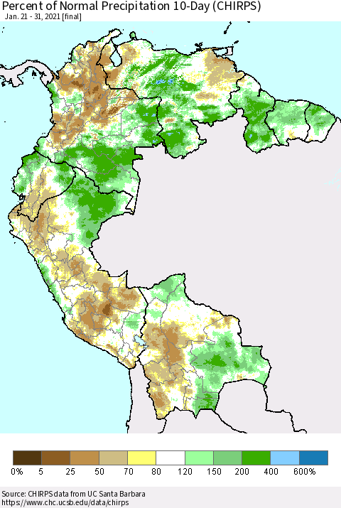 Northern South America Percent of Normal Precipitation 10-Day (CHIRPS) Thematic Map For 1/21/2021 - 1/31/2021
