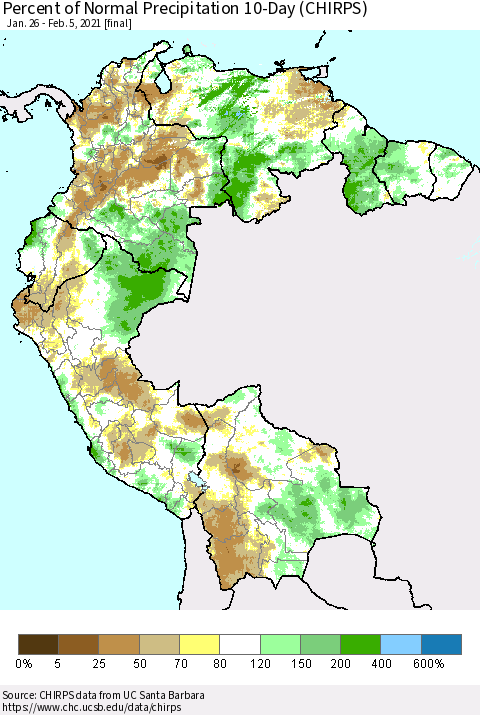 Northern South America Percent of Normal Precipitation 10-Day (CHIRPS) Thematic Map For 1/26/2021 - 2/5/2021