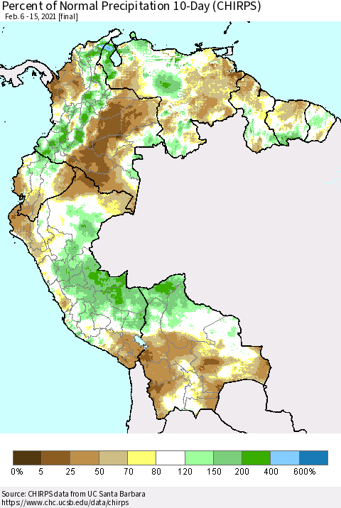 Northern South America Percent of Normal Precipitation 10-Day (CHIRPS) Thematic Map For 2/6/2021 - 2/15/2021