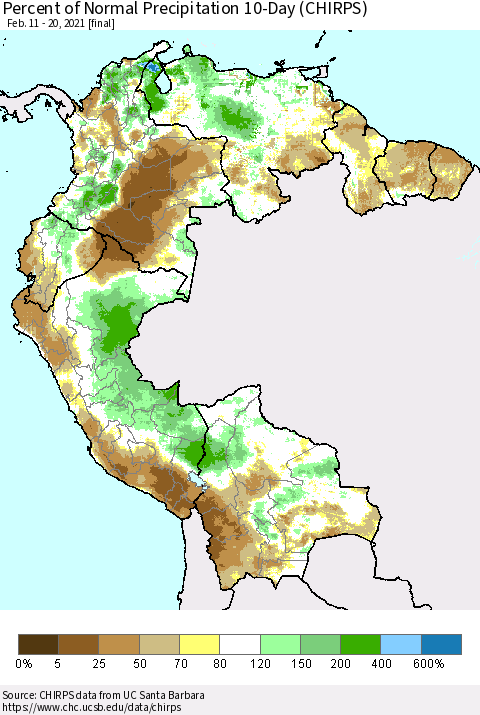Northern South America Percent of Normal Precipitation 10-Day (CHIRPS) Thematic Map For 2/11/2021 - 2/20/2021