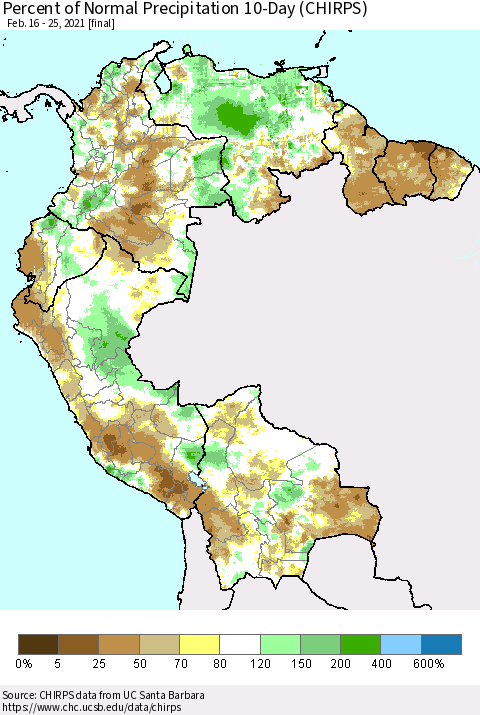 Northern South America Percent of Normal Precipitation 10-Day (CHIRPS) Thematic Map For 2/16/2021 - 2/25/2021