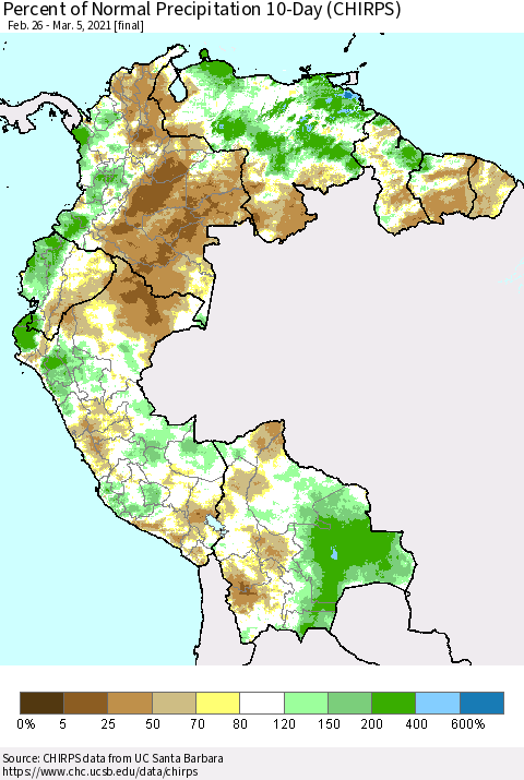 Northern South America Percent of Normal Precipitation 10-Day (CHIRPS) Thematic Map For 2/26/2021 - 3/5/2021