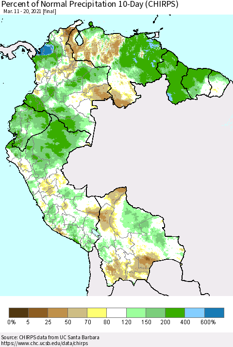 Northern South America Percent of Normal Precipitation 10-Day (CHIRPS) Thematic Map For 3/11/2021 - 3/20/2021