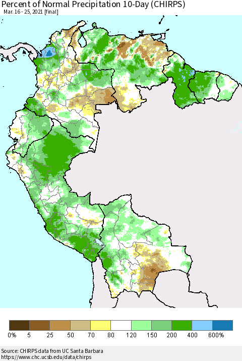 Northern South America Percent of Normal Precipitation 10-Day (CHIRPS) Thematic Map For 3/16/2021 - 3/25/2021