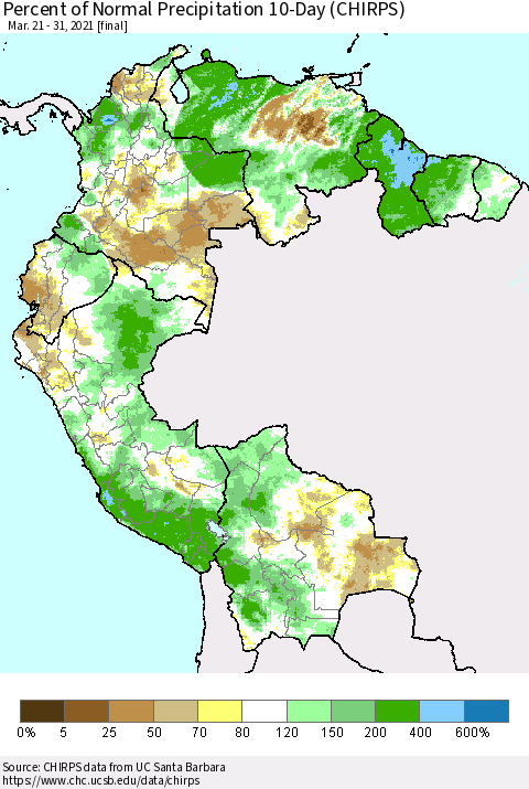Northern South America Percent of Normal Precipitation 10-Day (CHIRPS) Thematic Map For 3/21/2021 - 3/31/2021