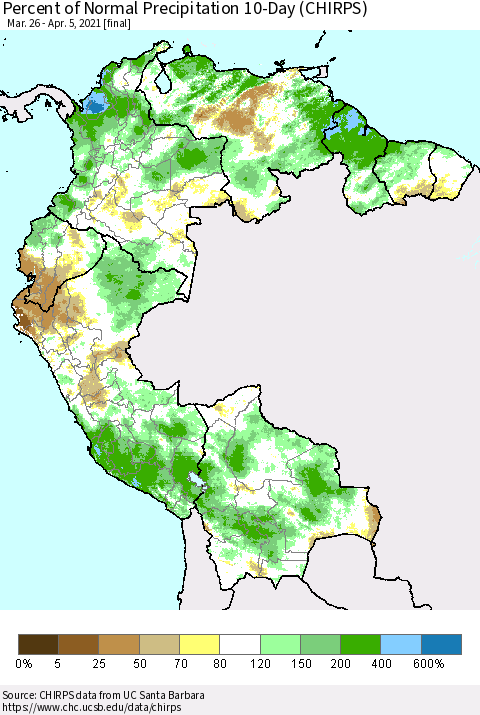 Northern South America Percent of Normal Precipitation 10-Day (CHIRPS) Thematic Map For 3/26/2021 - 4/5/2021