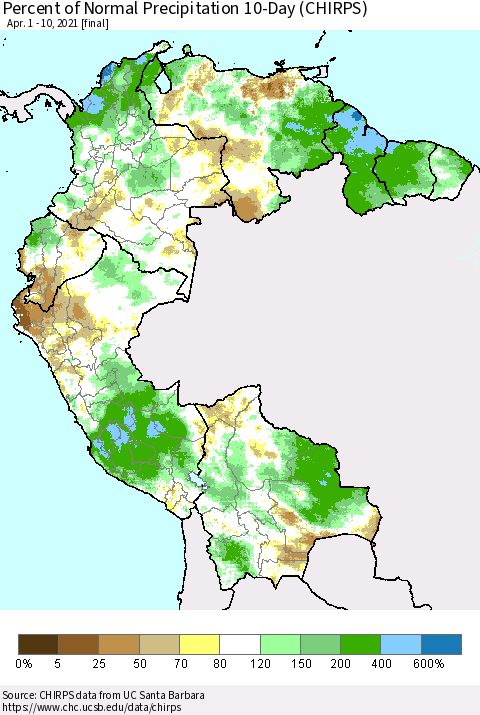 Northern South America Percent of Normal Precipitation 10-Day (CHIRPS) Thematic Map For 4/1/2021 - 4/10/2021