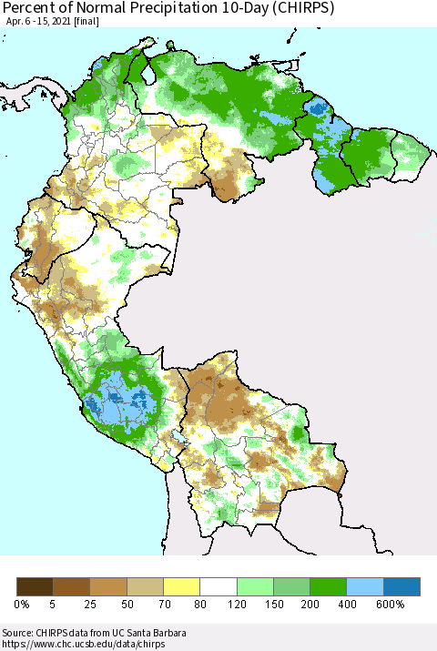 Northern South America Percent of Normal Precipitation 10-Day (CHIRPS) Thematic Map For 4/6/2021 - 4/15/2021
