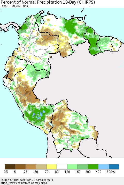 Northern South America Percent of Normal Precipitation 10-Day (CHIRPS) Thematic Map For 4/11/2021 - 4/20/2021