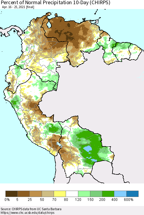 Northern South America Percent of Normal Precipitation 10-Day (CHIRPS) Thematic Map For 4/16/2021 - 4/25/2021