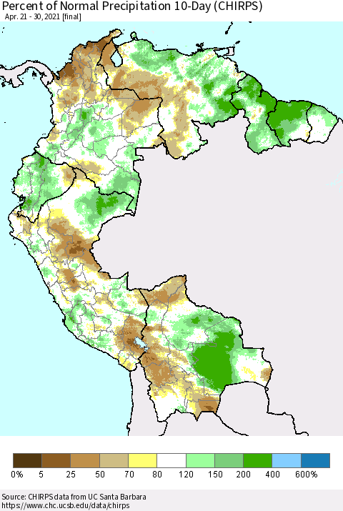 Northern South America Percent of Normal Precipitation 10-Day (CHIRPS) Thematic Map For 4/21/2021 - 4/30/2021