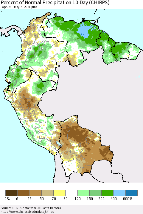 Northern South America Percent of Normal Precipitation 10-Day (CHIRPS) Thematic Map For 4/26/2021 - 5/5/2021