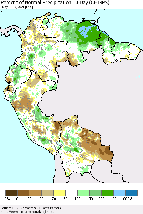 Northern South America Percent of Normal Precipitation 10-Day (CHIRPS) Thematic Map For 5/1/2021 - 5/10/2021