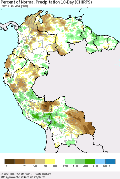 Northern South America Percent of Normal Precipitation 10-Day (CHIRPS) Thematic Map For 5/6/2021 - 5/15/2021