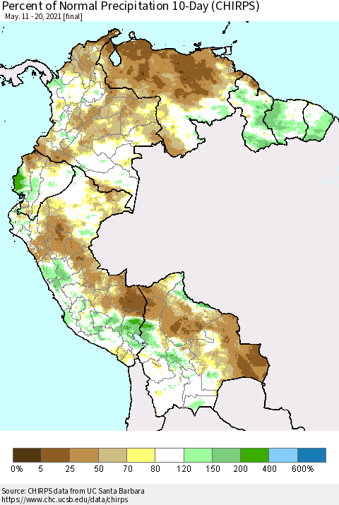 Northern South America Percent of Normal Precipitation 10-Day (CHIRPS) Thematic Map For 5/11/2021 - 5/20/2021