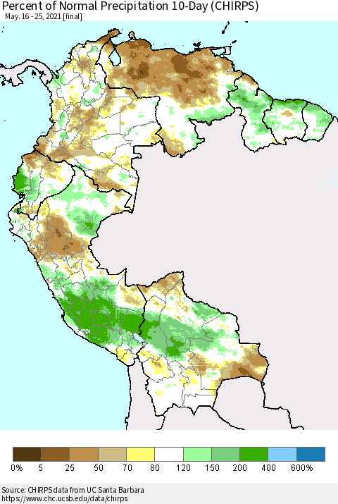 Northern South America Percent of Normal Precipitation 10-Day (CHIRPS) Thematic Map For 5/16/2021 - 5/25/2021
