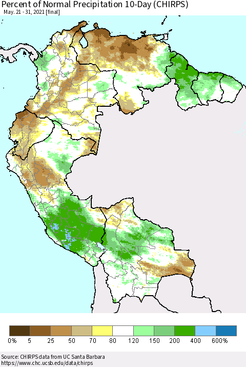 Northern South America Percent of Normal Precipitation 10-Day (CHIRPS) Thematic Map For 5/21/2021 - 5/31/2021