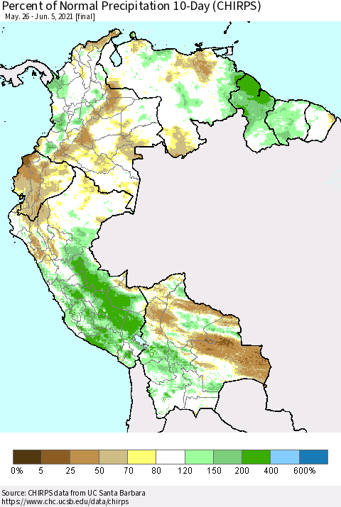 Northern South America Percent of Normal Precipitation 10-Day (CHIRPS) Thematic Map For 5/26/2021 - 6/5/2021