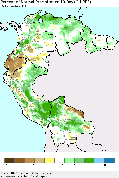 Northern South America Percent of Normal Precipitation 10-Day (CHIRPS) Thematic Map For 6/1/2021 - 6/10/2021